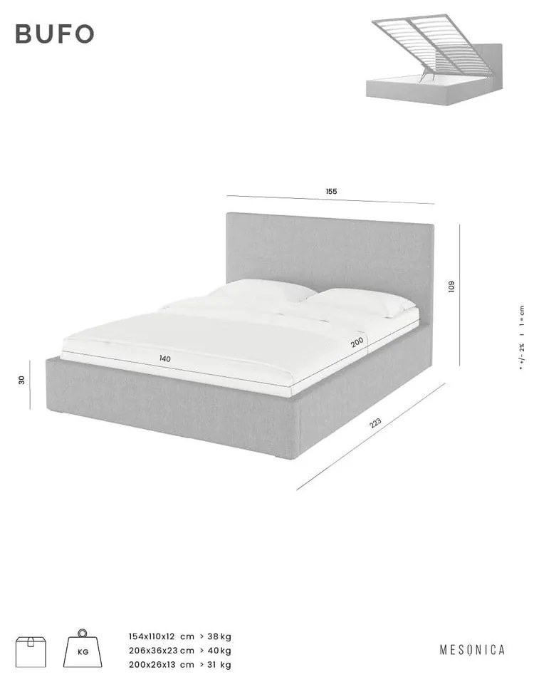 Бежово тапицирано двойно легло с място за съхранение с решетка 160x200 cm Bufo Bed - MESONICA