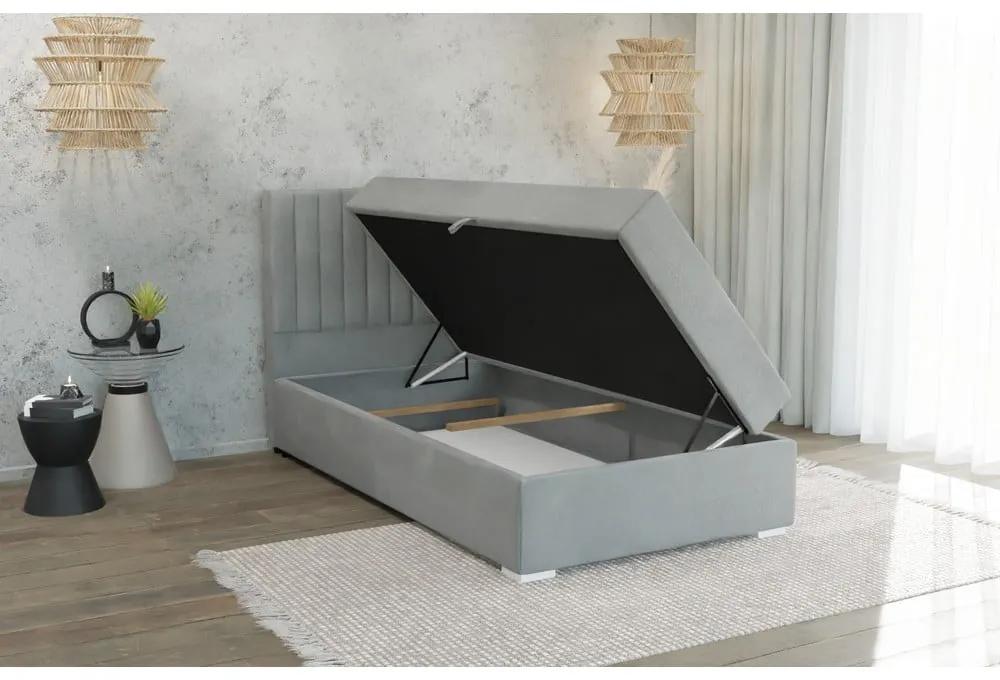 Светлосиво единично тапицирано легло с място за съхранение с включена подматрачна рамка 100x200 cm Bunny – Ropez