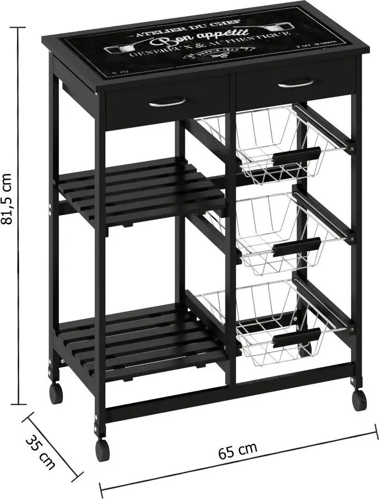 Кухненска количка 5five Gustaf, Черен, С плот от стъкло