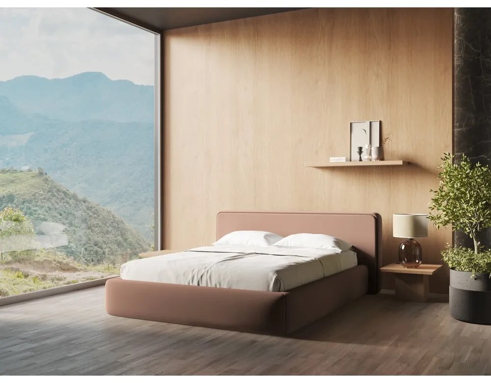 Светлорозово двойно тапицирано легло с място за съхранение и включена подматрачна рамка 140x200 cm Kiana – Makamii