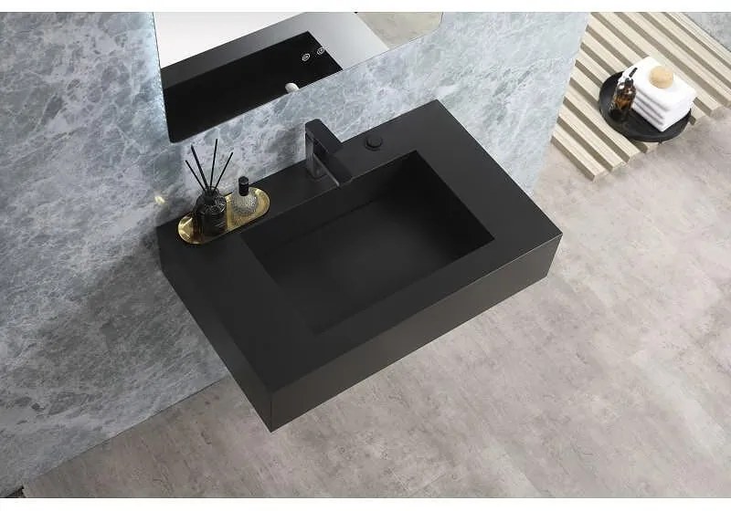 Мивка за баня 12049/75 MATT BLACK, стенен монтаж, кварц, черен мат, 75x47x18см