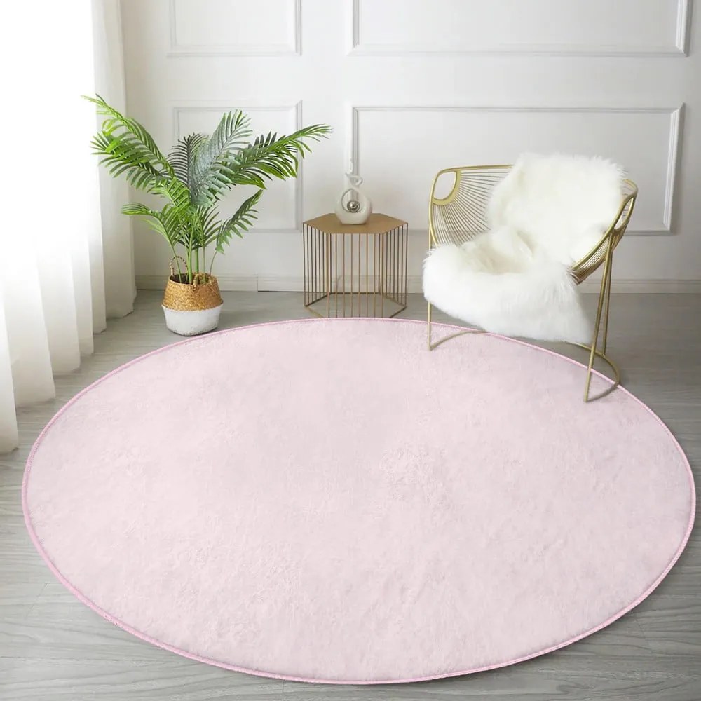 Светлорозов кръгъл килим подходящ за пране и за прахосмукачки роботи ø 80 cm Comfort – Mila Home