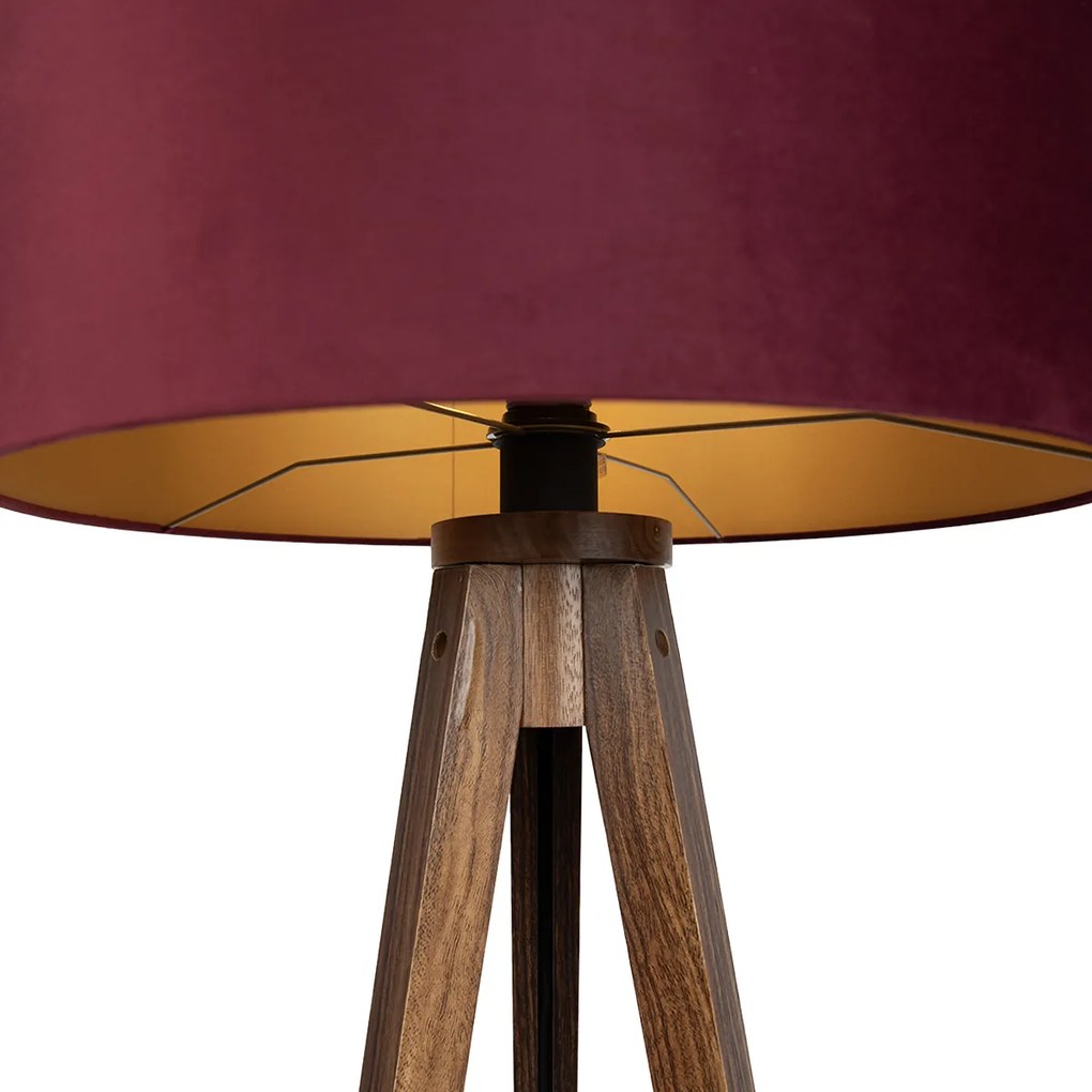 Подова лампа триножник от орехово дърво с червен абажур и златист интериор 50 см - Tripod Classic