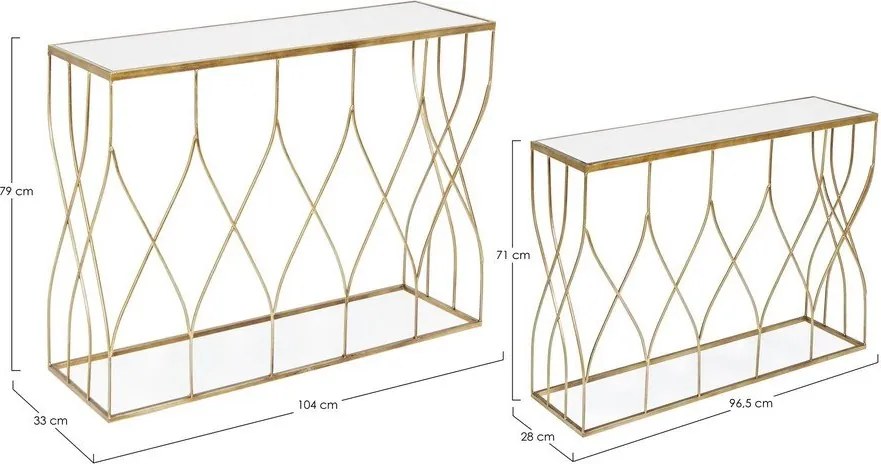 Конзолни маси в комплект 2 бр. със стъклен плот в златист цвят 33x104 cm Elenor – Bizzotto