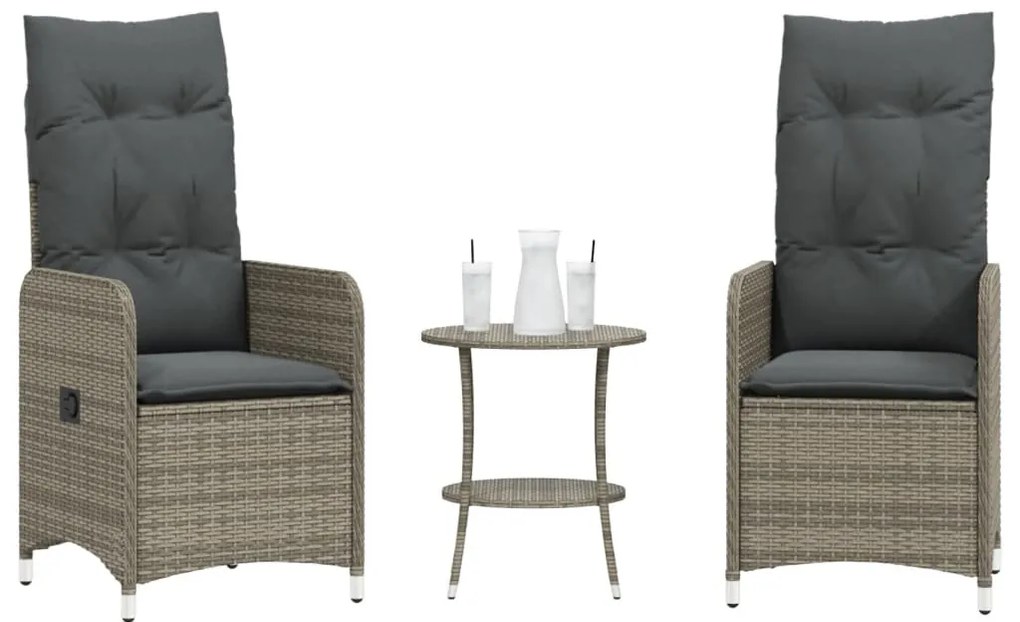 365692 vidaXL Накланящи се градински столове, 2 бр, с маса, сив, полиратан