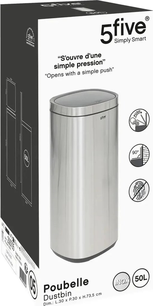 Кош 5five, Кръгъл, Инокс, Пуш бутон, 50 L - Черен