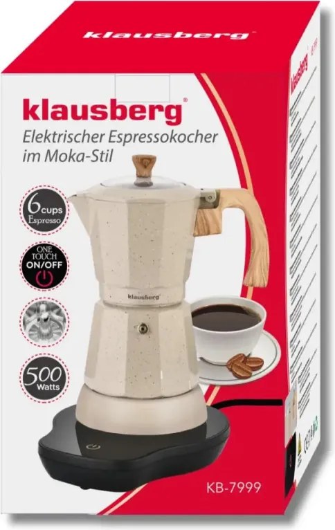 Електрическа кубинска кафеварка Klausberg KB 7999, 500W, 6 чаши, Вграден нагревател, Предпазен клапан, Бежов мрамор