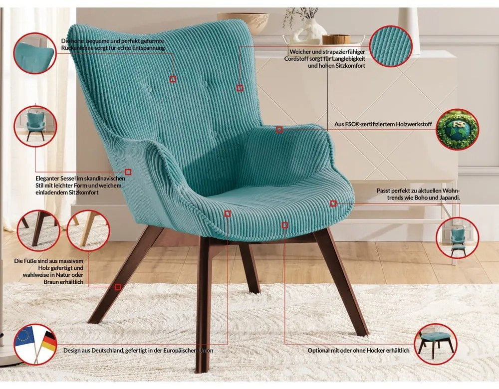 Тюркоазен фотьойл с табуретка от рипсено кадифе Niko – Ropez