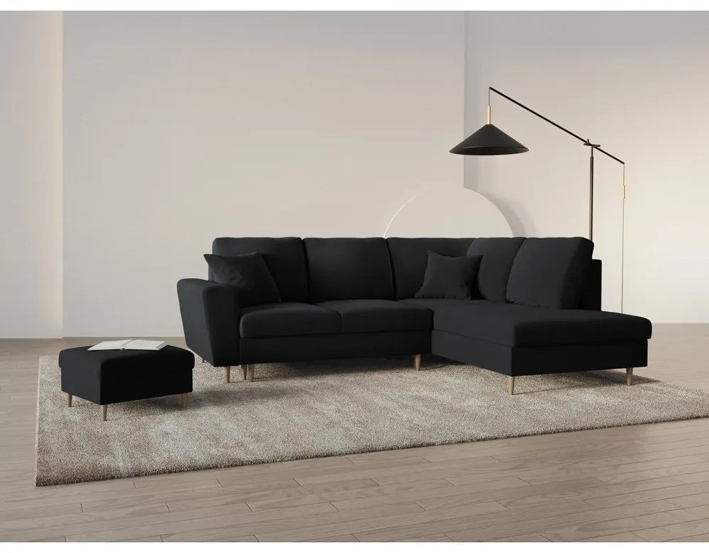 Черен кадифен разтегателен ъглов диван с място за съхранение (десен ъгъл/L форма) Kyoto – Cosmopolitan Design