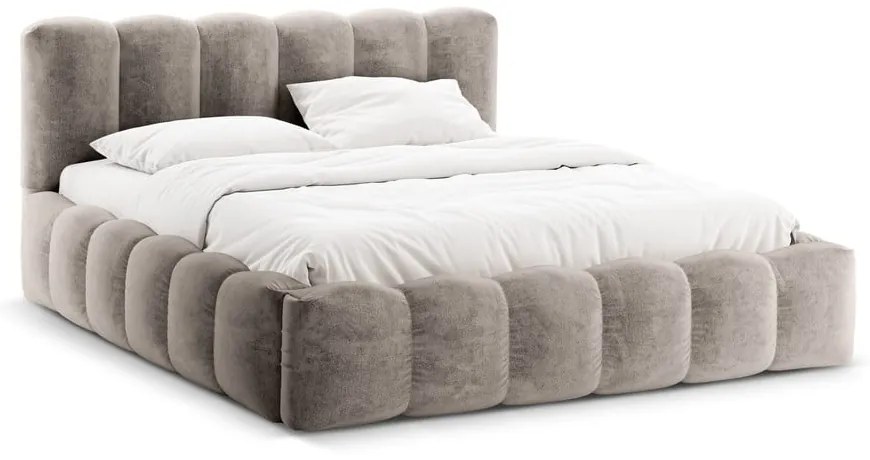 Светлокафяво тапицирано двойно легло с място за съхранение с включена подматрачна рамка 200x200 cm Lupine – Micadoni Home