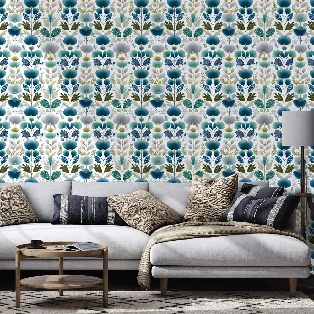 Тапет – Сини цветя на бял фон