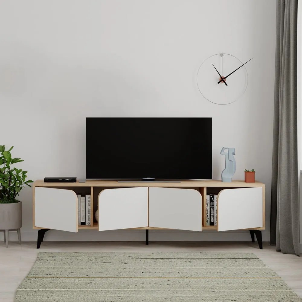 Масичка за телевизор с дъбов декор в бял и естествен цвят 180x51 cm Nola - Marckeric