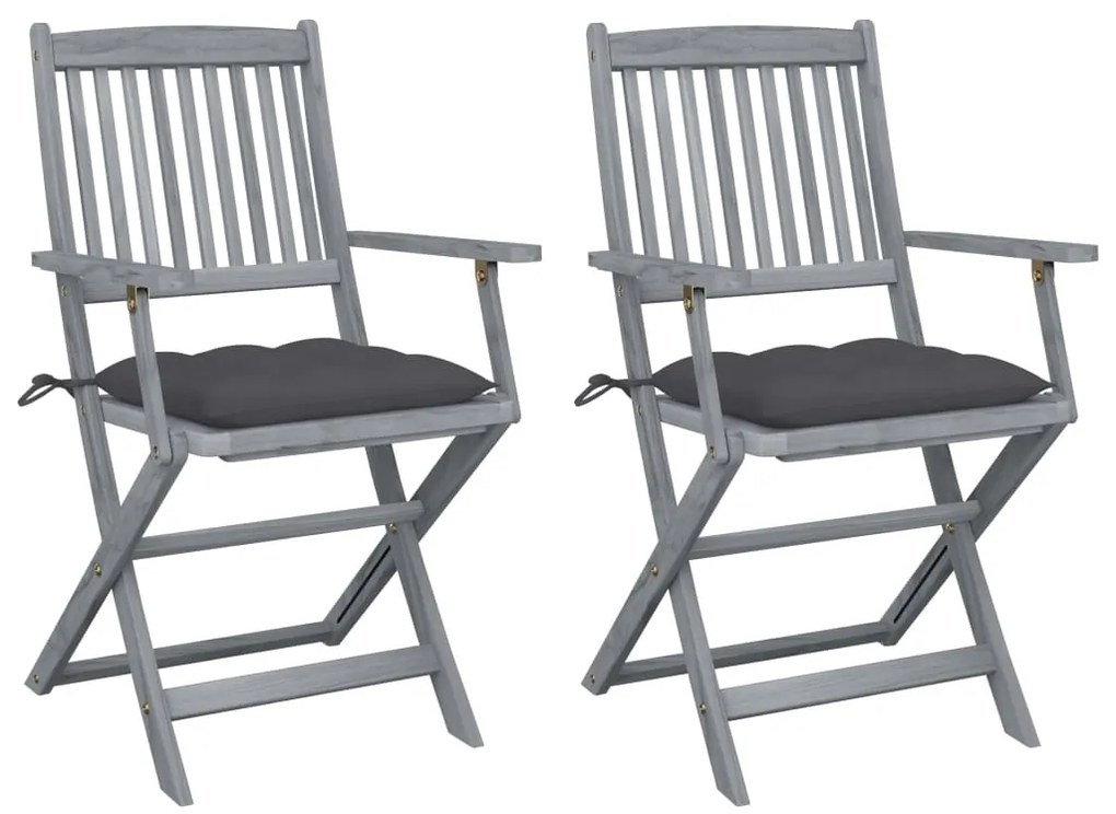3064497 vidaXL Сгъваеми градински столове, 2 бр, с възглавници, акация масив