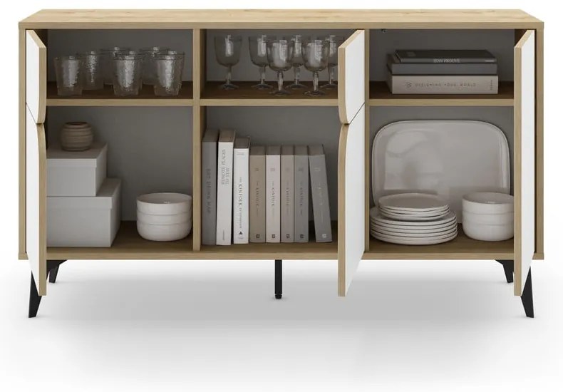 Нисък скрин с дъбов декор в бял и естествен цвят 140x79 cm Nola - Marckeric