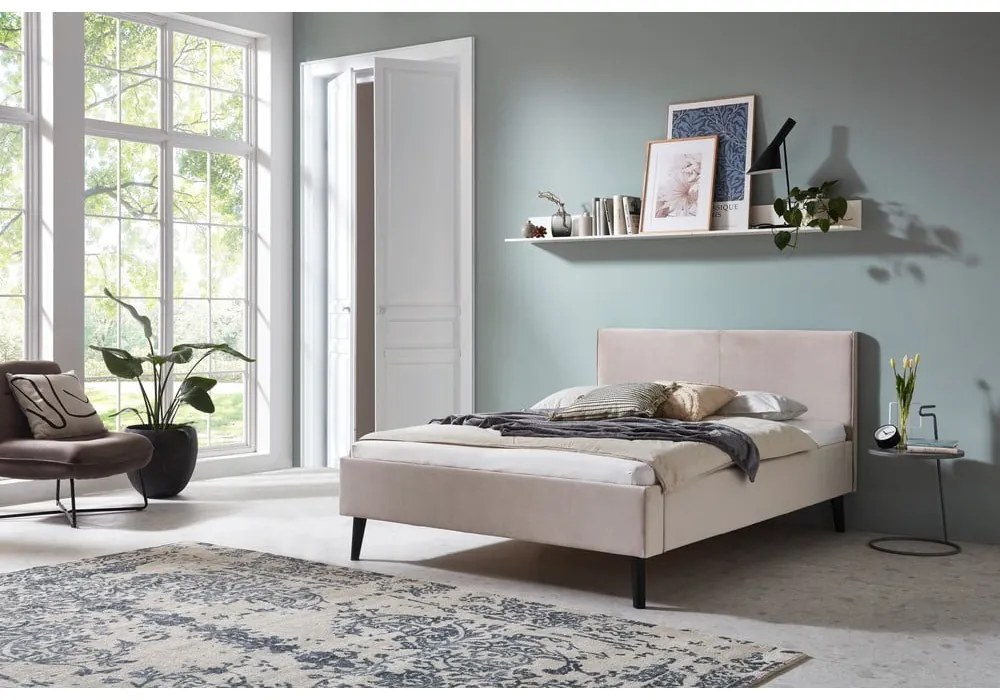 Бяло/кремаво двойно легло 140x200 cm тапицирано без ламелно дъно Leira – Meise Möbel