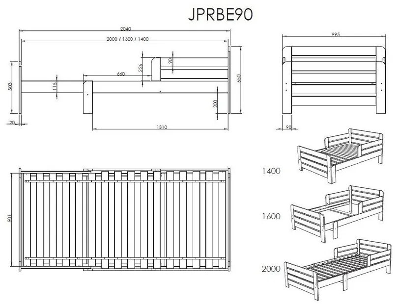 Бял детско легло за подрастващи от масивен бор с място за съхранение и включен матрак с подматрачна рамка Jumper – Vipack