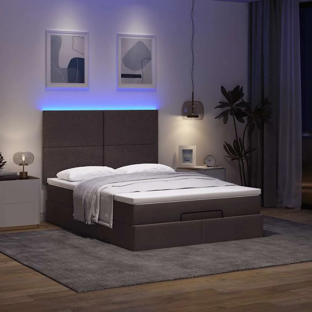 3313923 vidaXL Османска легло с матрак и LED, тъмнокафяво, 140x190 см, плат