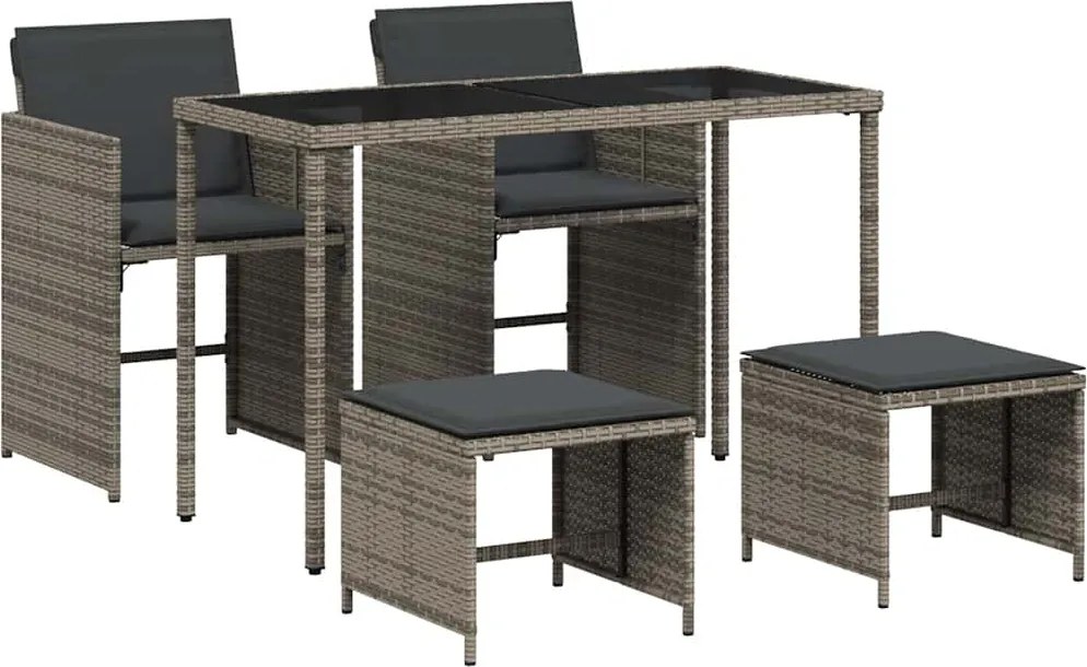 365084 vidaXL Градински трапезен комплект 5 части с възглавници сив полиратан