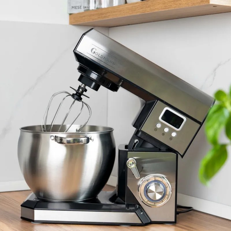 Планетарен миксер Goldmann GM-1115BD, 2200W, 8.5 л, 6 скорости + импулси, Таймер, Иноксова купа, LED, Инокс