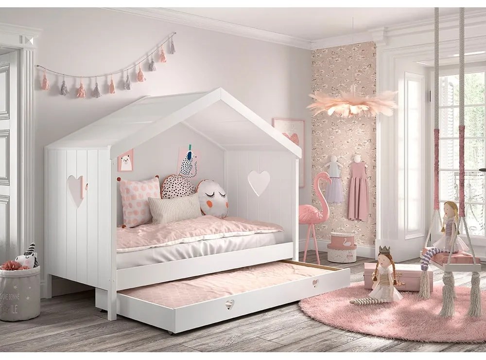 Бяло разтегателно детско легло къща от масивен бор с място за съхранение 90x200 cmAMORI – Vipack