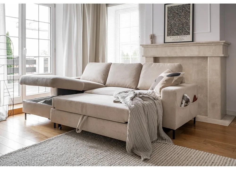 Бежов разтегателен ъглов диван от рипсено кадифе (ляв ъгъл) Lofty Lilly – Miuform