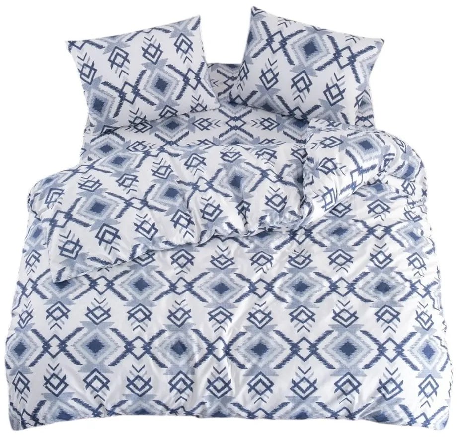 Бяло-синьо двойно удължено спално бельо с включен долен чаршаф 4 части 200x220 cm Geometric – Mila Home