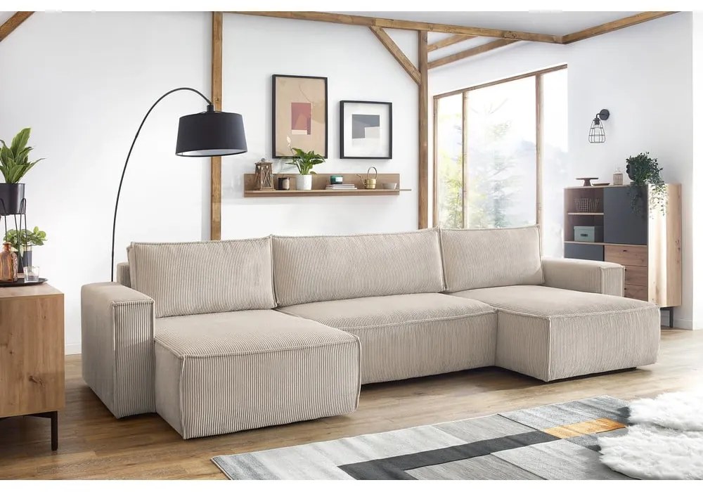 Бежов велурен U-образен разтегателен диван Nihad - Bobochic Paris