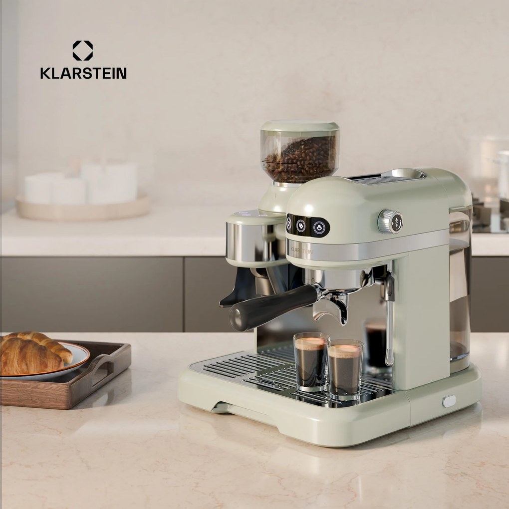 Klarstein Bella Café кафемашина, Витидж, мелачка, 20 bar, Разпенител за мляко, 2 чаши, 1550 W