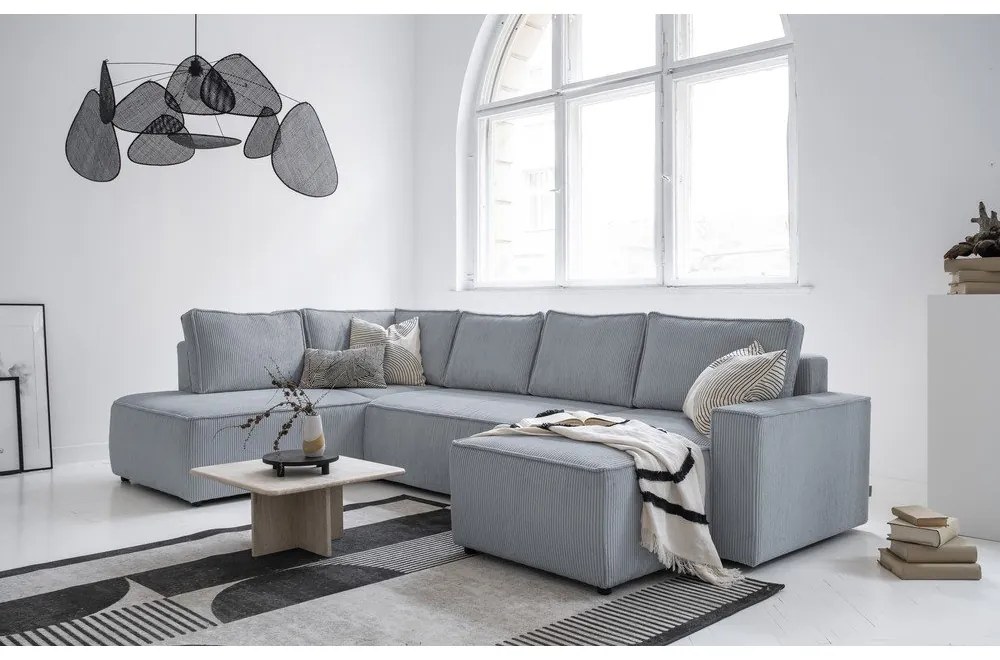 Светлосив разтегателен ъглов диван от рипсено кадифе (ляв ъгъл/"U" форма) Brave Dave – Miuform