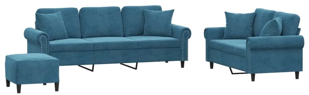 3202289 vidaXL Комплект дивани 3 части с възглавници, син, кадифе