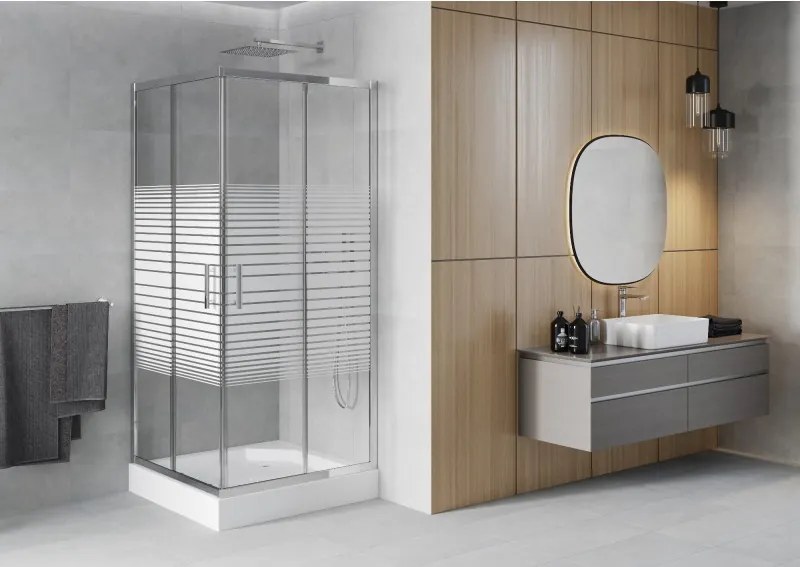 Mexen Rio квадратна душ кабина 90 x 90 см, бели ивици, хром + бял корито - 860-090-090-01-20-4510