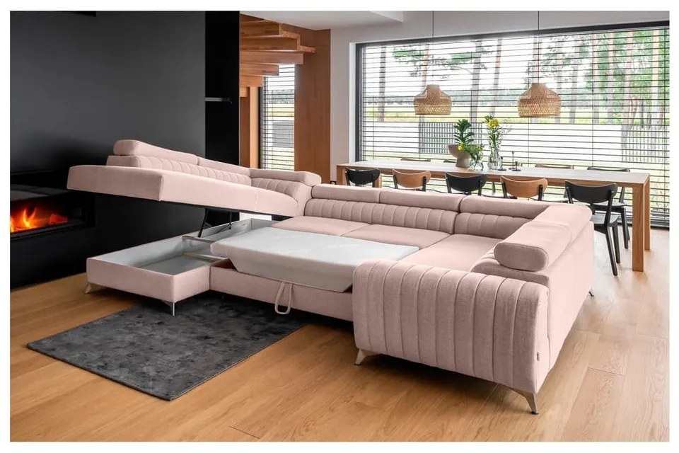 Розов разтегателен ъглов диван с място за съхранение (ляв ъгъл U форма) Louis – ELTAP