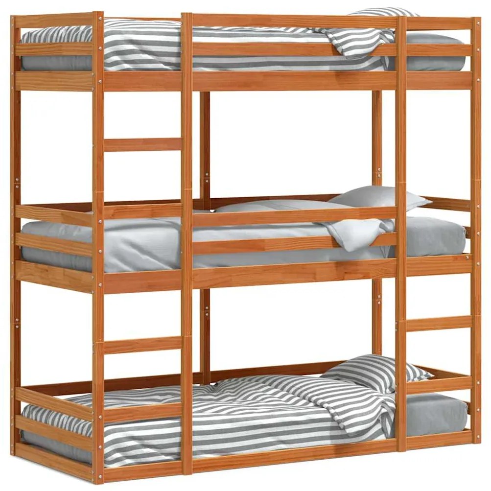 3284253 vidaXL Триетажно легло, восъчнокафяво, 80x200 см, борово дърво масив