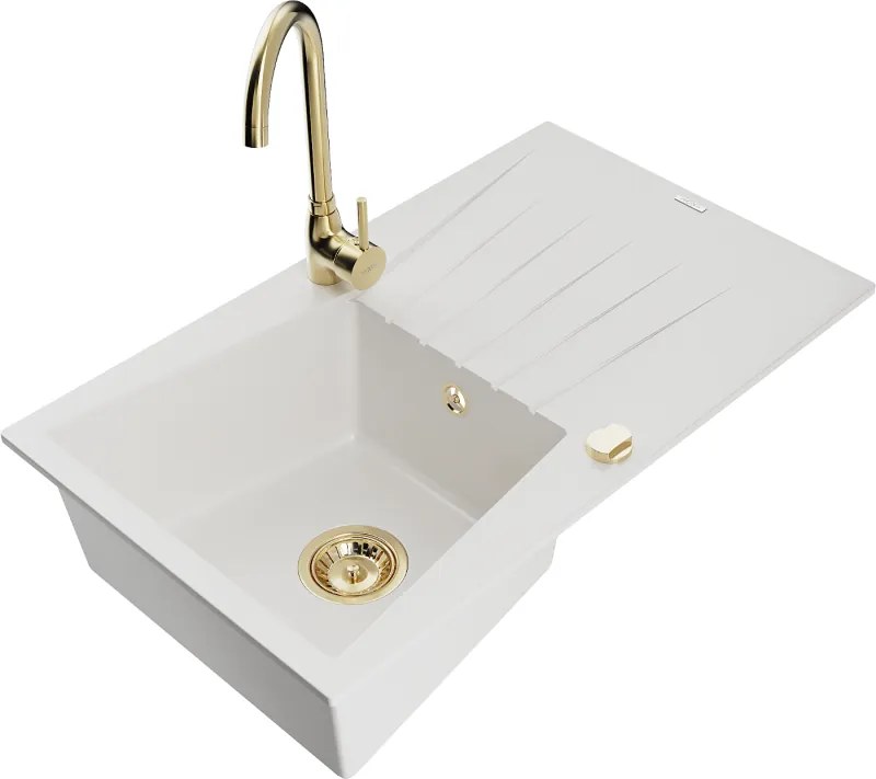 Mexen Cesar мивка от гранит с 1 отделение с дъска и кухненски смесител Telma, бял - 6514-20-670200-50