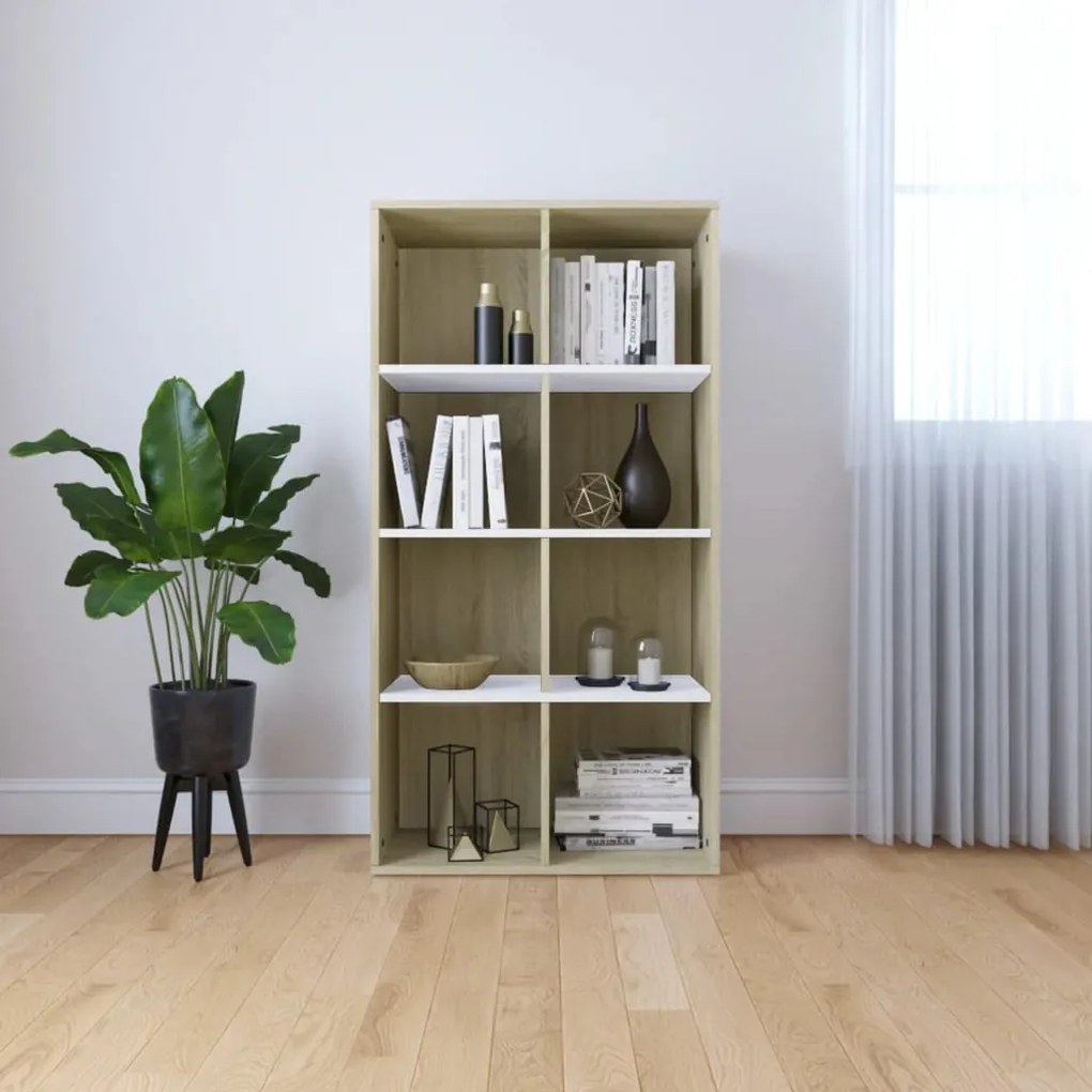 800158 vidaXL Библиотека/бюфет бяло и дъб сонома 66x30x130 см инженерно дърво