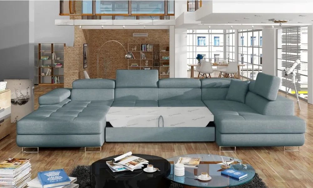 Светлосин разтегателен ъглов диван с място за съхранение (десен ъгъл U форма) Rodrigo – ELTAP