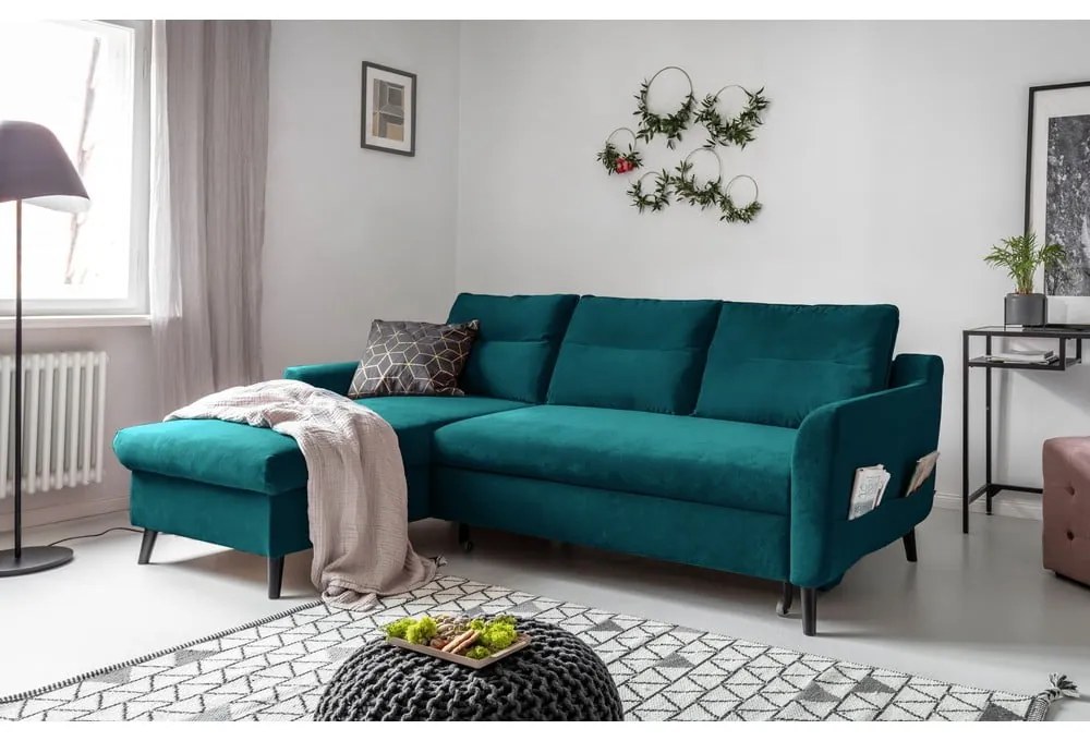 Ъглов разтегателен диван от тюркоазено кадифе, ляв ъгъл Stylish Stan - Miuform