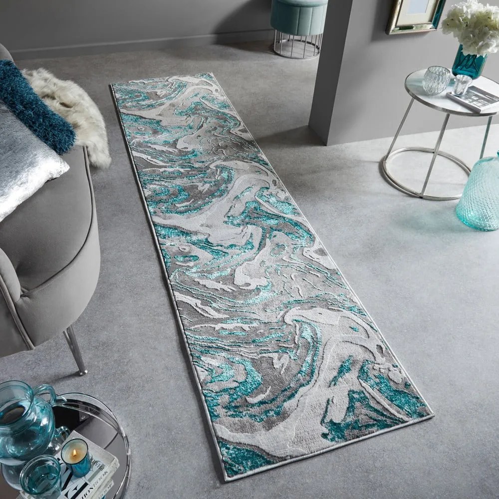 Сива/тюркоазена пътека 80x300 cm Marbled – Flair Rugs