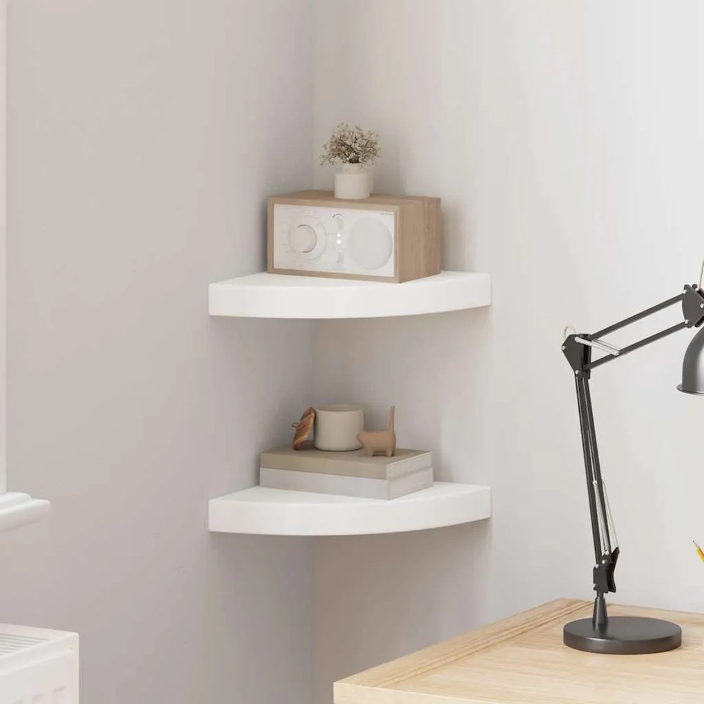 323896 vidaXL Окачени ъглови рафтове, 2 бр, бели, 25x25x3,8 см, МДФ