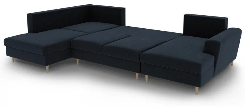 Тъмносин кадифен разтегателен ъглов диван с място за съхранение (ляв ъгъл/U форма) Kyoto – Cosmopolitan Design