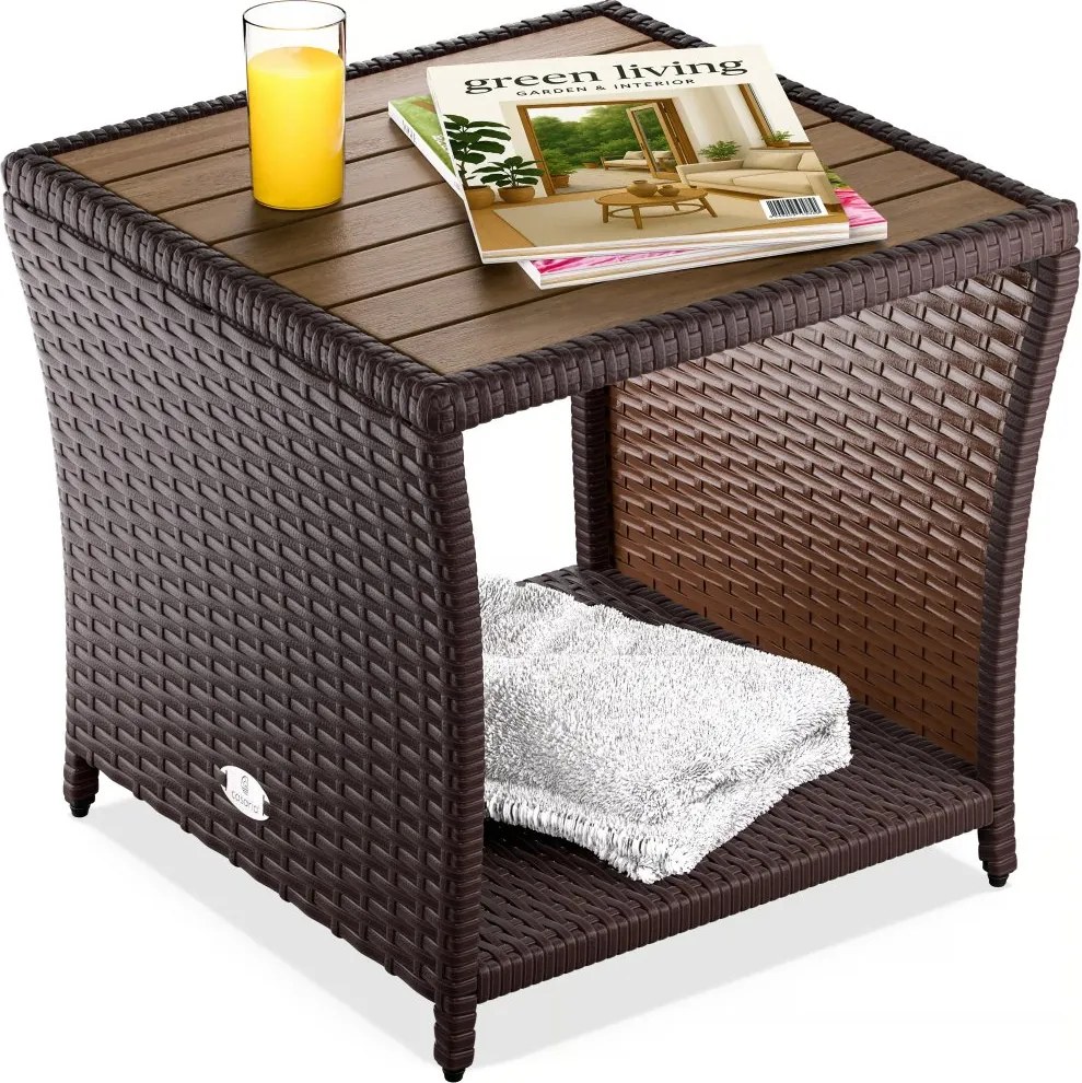 Странична маса от полиротанг с плот от акациева дървесина 45 × 45 cm Сив