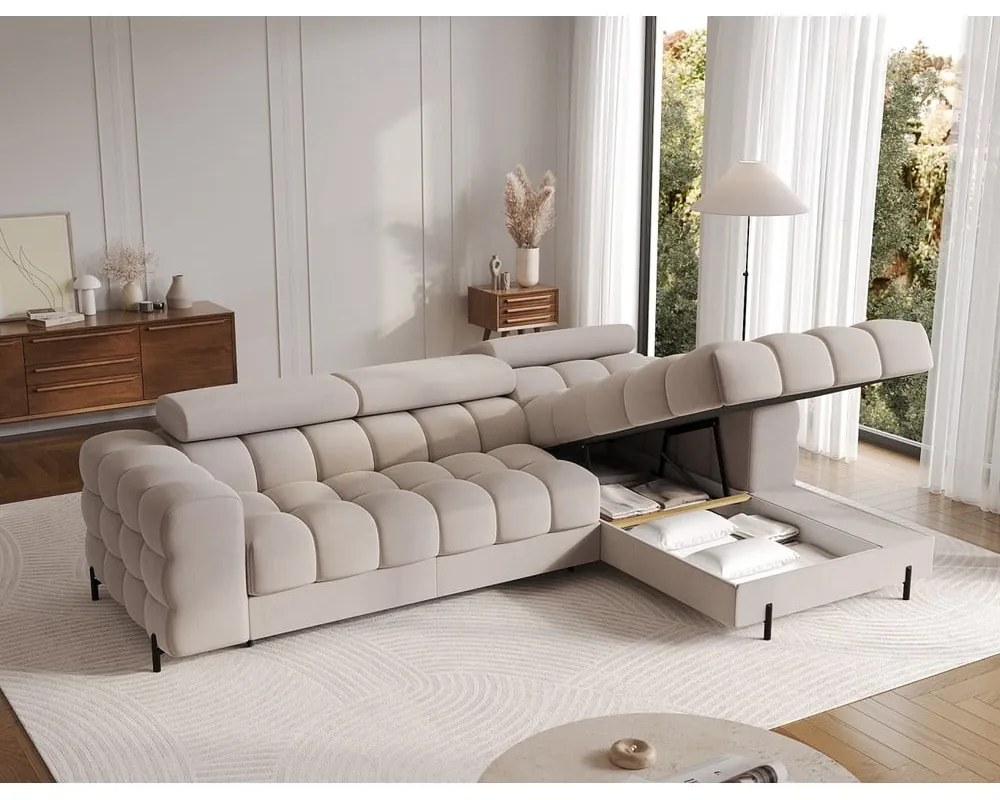 Бежов кадифен сгъваем/с място за съхранение ъглов диван (десен ъгъл) Felro – ELTAP