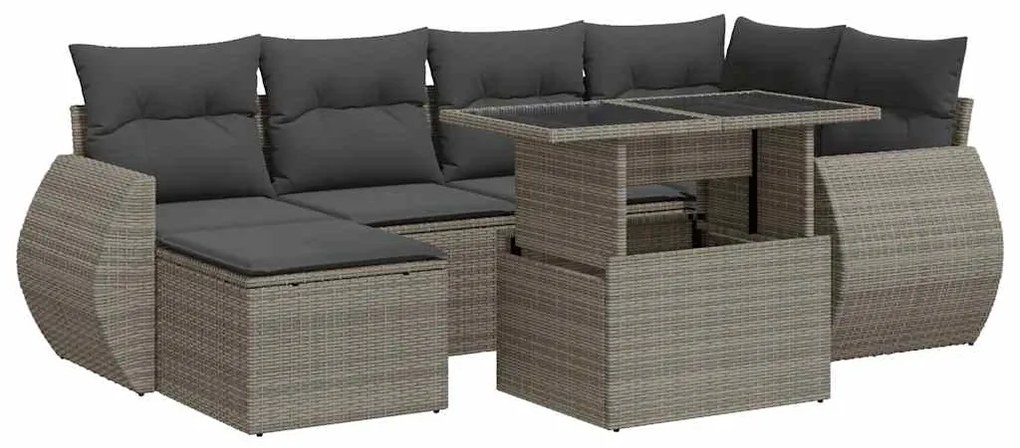 3326671 vidaXL Градински диван с възглавници, 7 части, полиратан, сив
