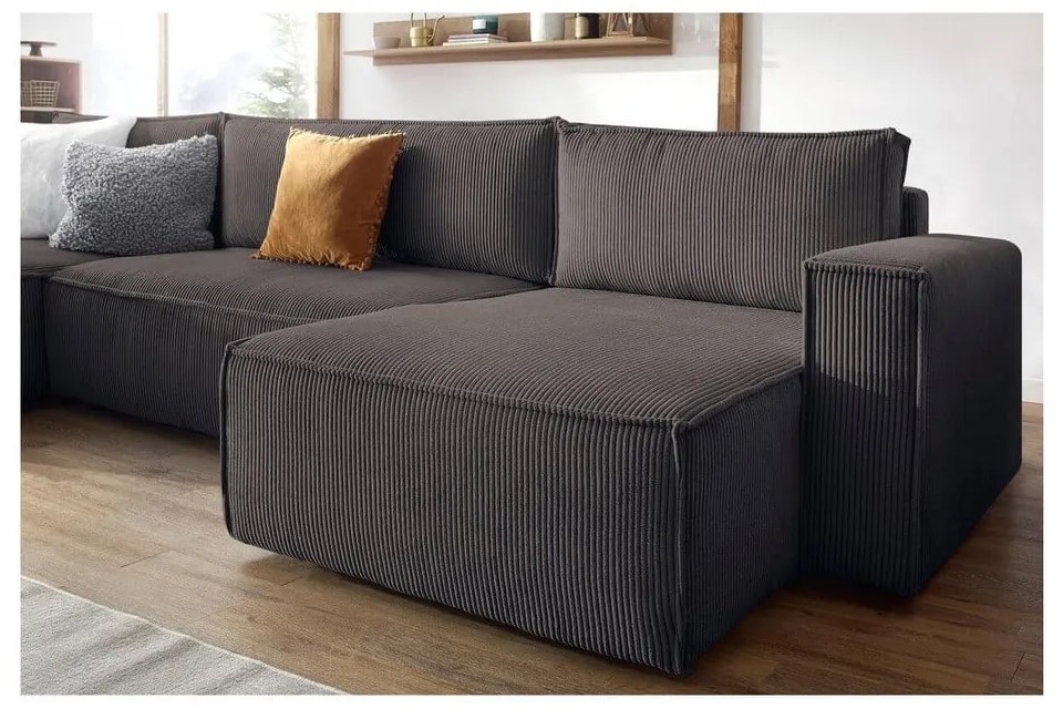 Кафяво-сив сгъваем ъглов диван от рипсено кадифе (U форма) Nihad – Bobochic Paris