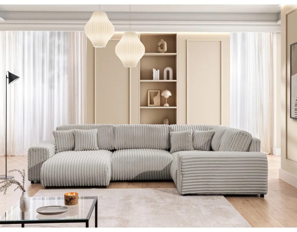 Светлосив ъглов диван от рипсено кадифе (десен ъгъл/U форма) Justin – Ropez