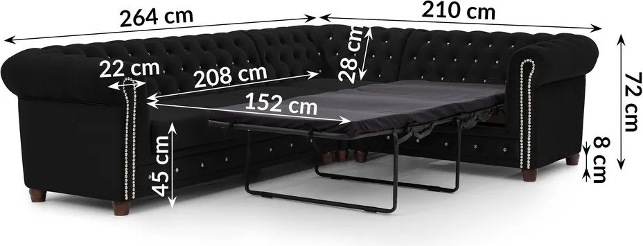 Черен кадифен разтегателен ъглов диван (десен ъгъл L форма) York Blik – Ropez