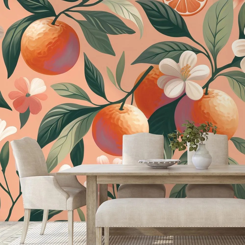 Тапет – Портокали и цветя на кайсиев фон