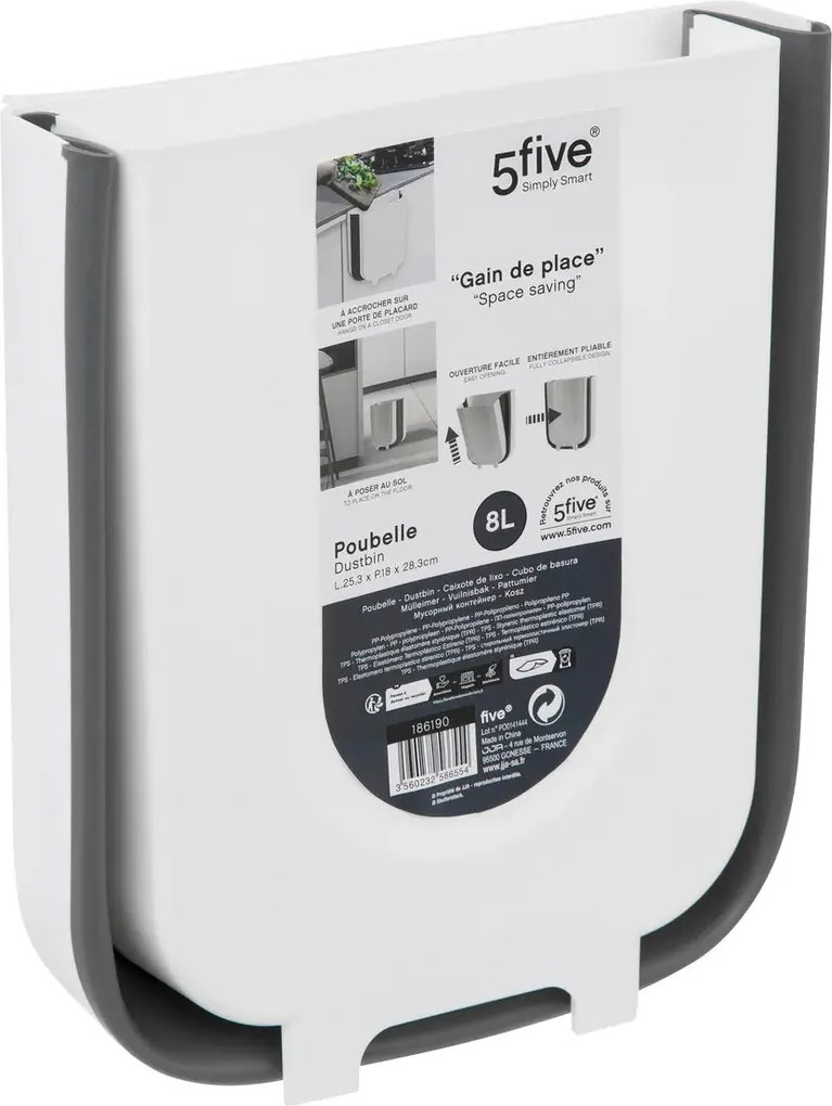 Кош 5five, Сив/Бял, Пластмаса, 8 l, Сгъваем