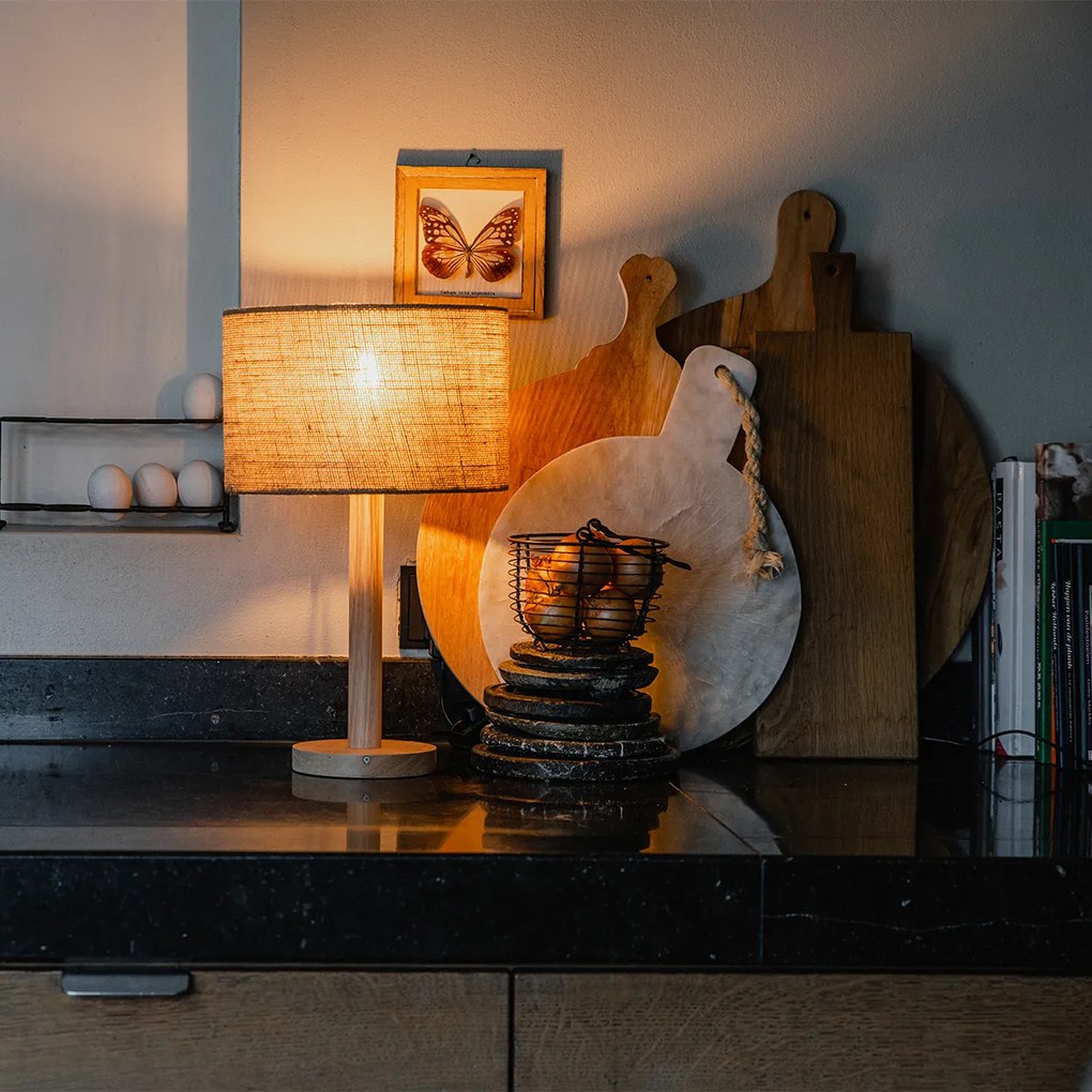 Ръстикална настолна лампа дърво с ленен абажур натурален 25 см - Mels