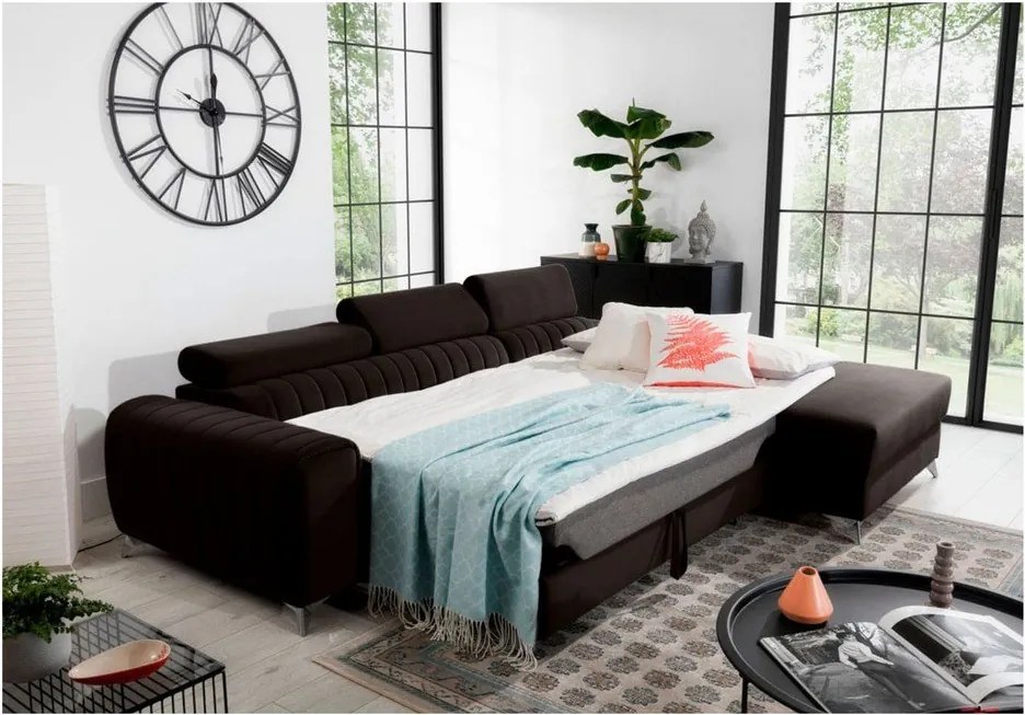 Тъмнокафяв кадифен разтегателен ъглов диван с място за съхранение (десен ъгъл) Grayson – ELTAP